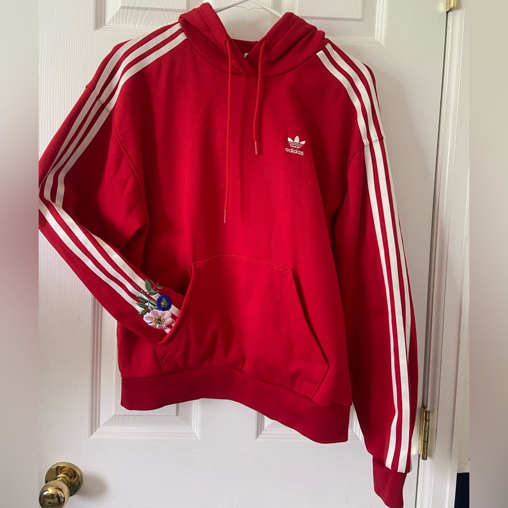 adidas Red Hoodie & sweatpant set with White Trefoil and Floral Embroidery
